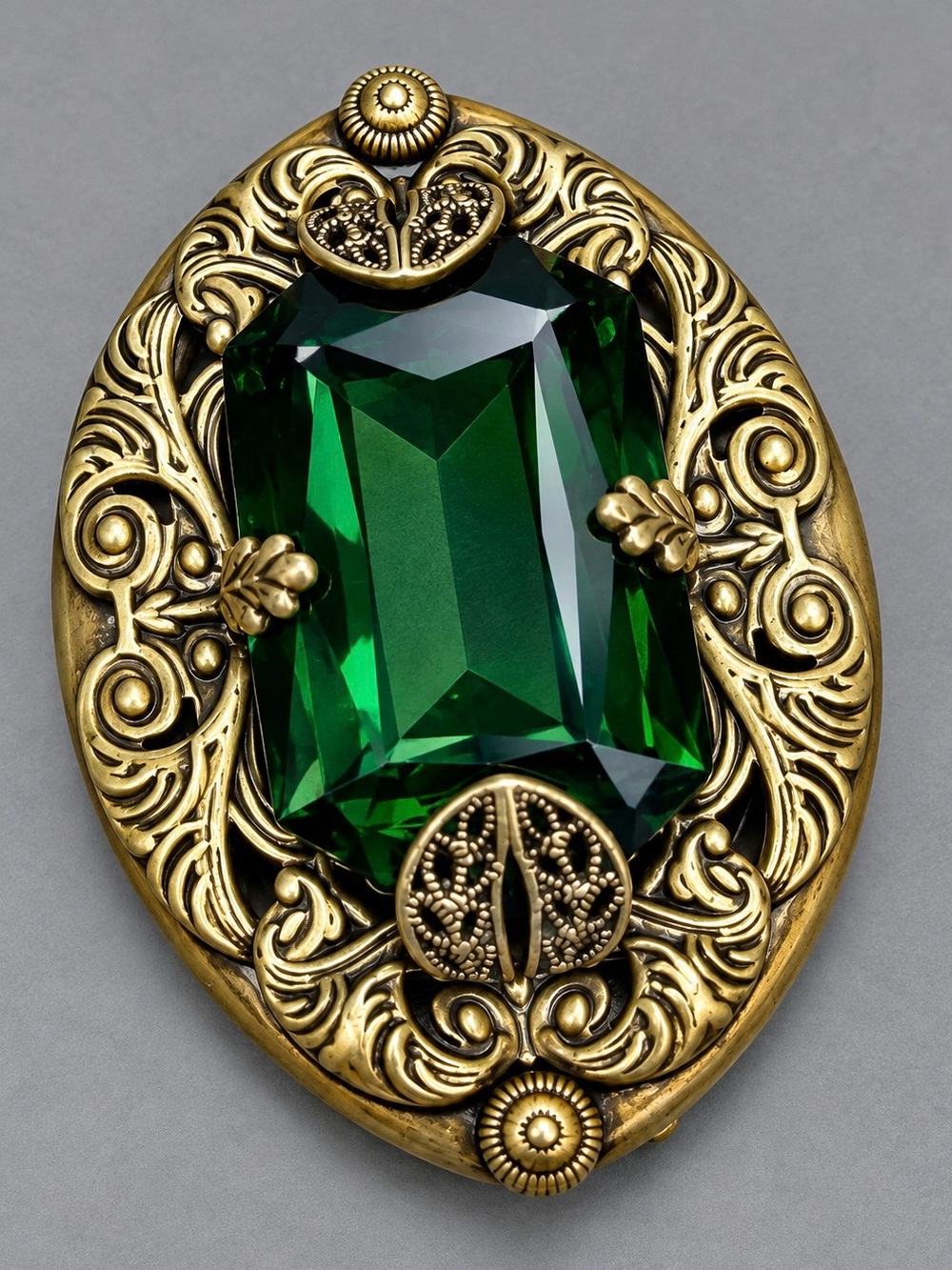 Vintage Emerald Crystal Brooch with Ornate Gold Filigree #cz369